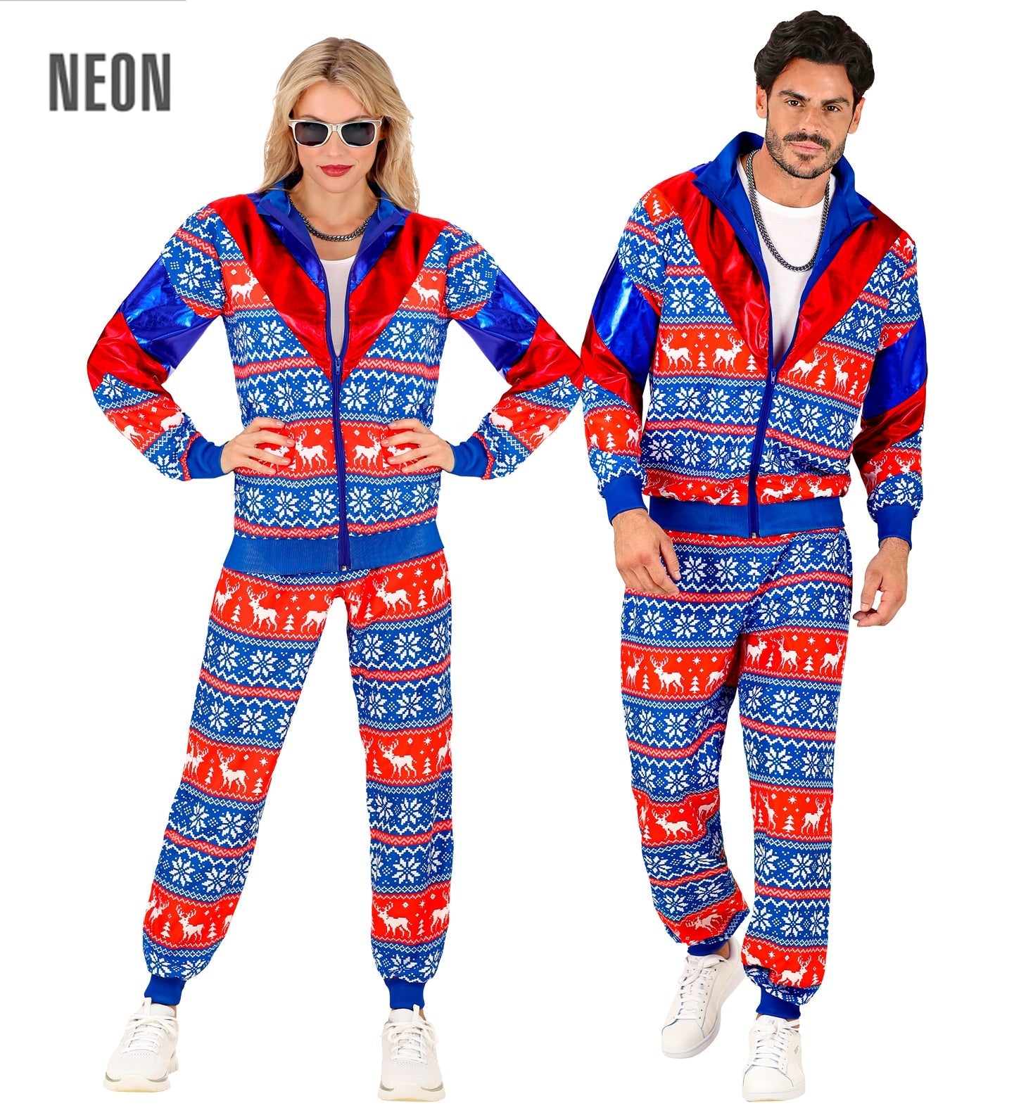 A couple models a neon reindeer Norwegian fleece-lined tracksuit in blue and red.