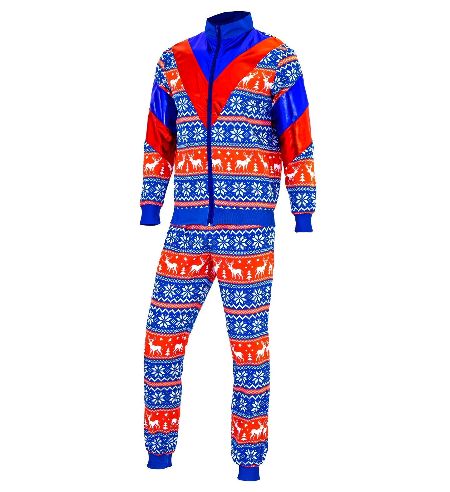Blue and red reindeer-patterned fleece-lined tracksuit with zip jacket and joggers.