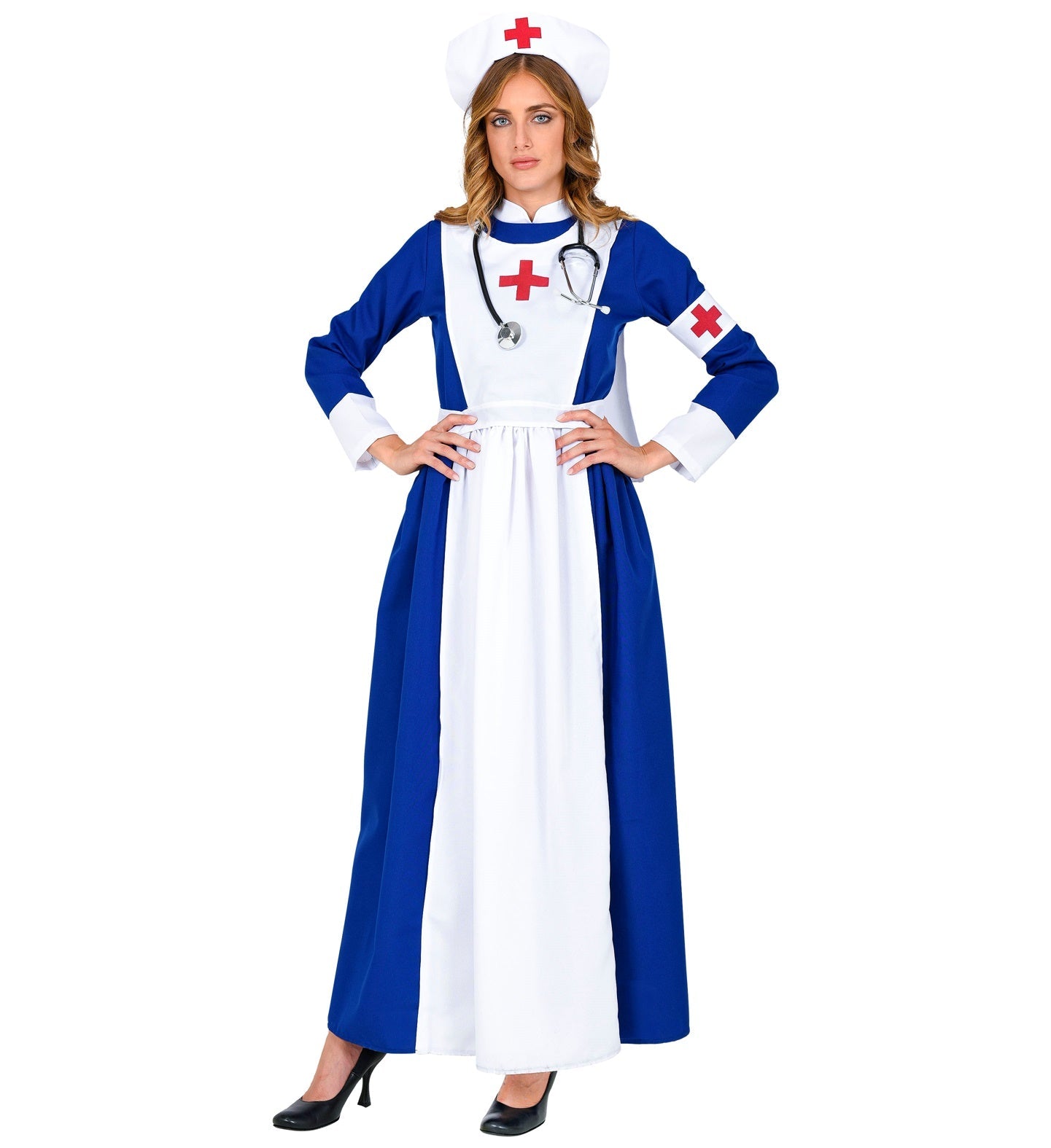Woman in retro nurse costume dress with white fabric, red trim, nurse cap, and stethoscope.