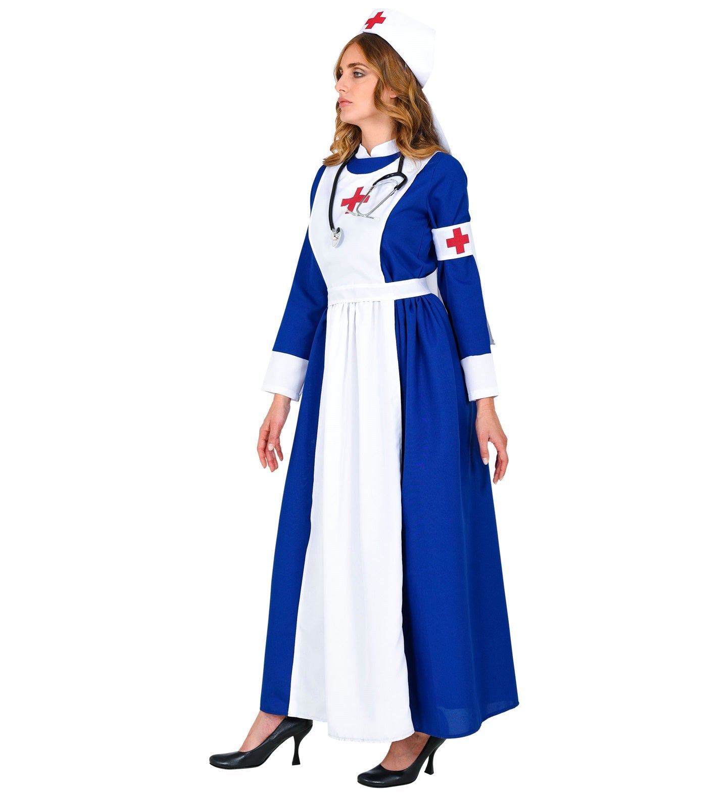 Woman in retro nurse costume dress with white fabric, red trim, nurse cap, stethoscope, and armband.