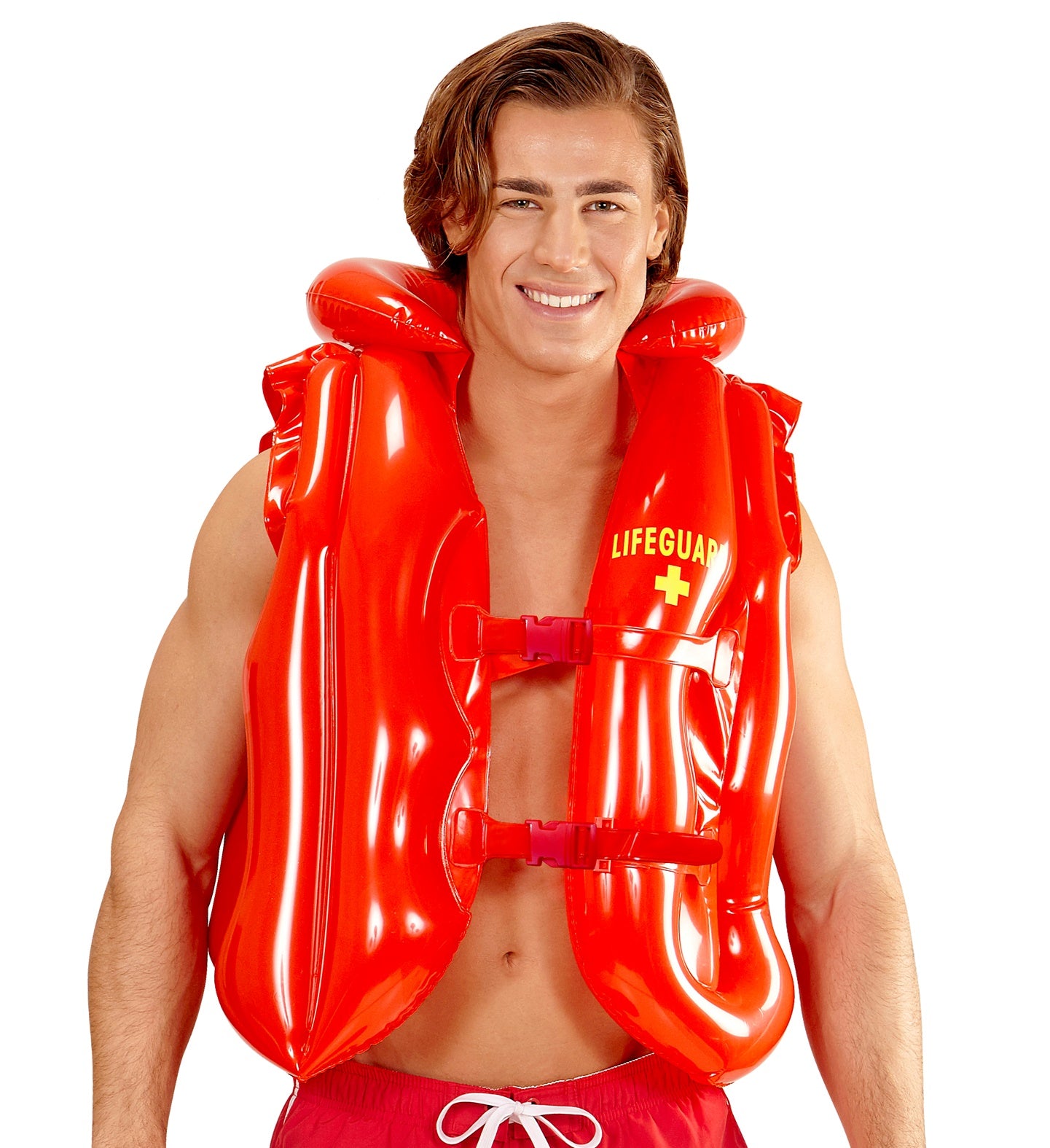 Rote aufblasbare Rettungsschwimmer Schwimmweste im Baywatch-Stil mit schwarzen Details