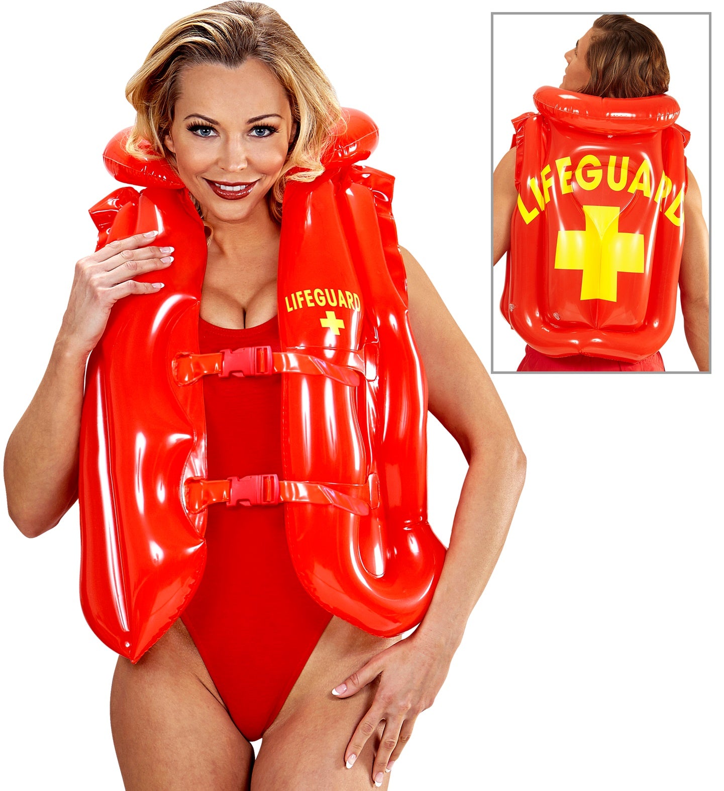 Rote aufblasbare Rettungsschwimmer-Schwimmweste im Baywatch-Stil mit verstellbaren Gurten