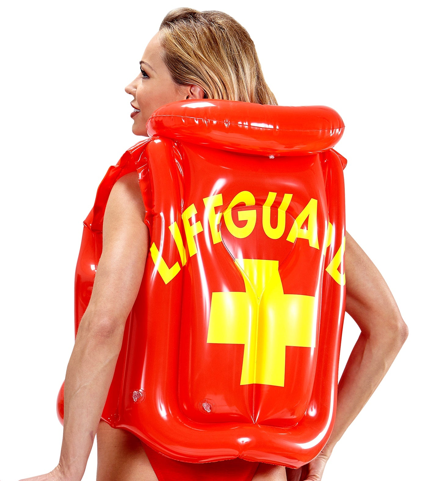 Aufblasbare Rettungsschwimmer Schwimmweste im Baywatch-Stil in leuchtendem Rot und Gelb.