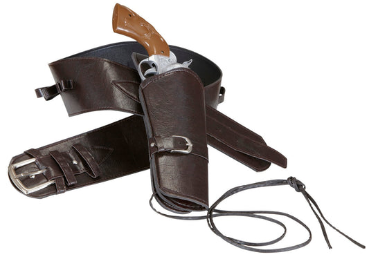 Brown faux leather revolver holster with adjustable belt clip and single pistol holder.