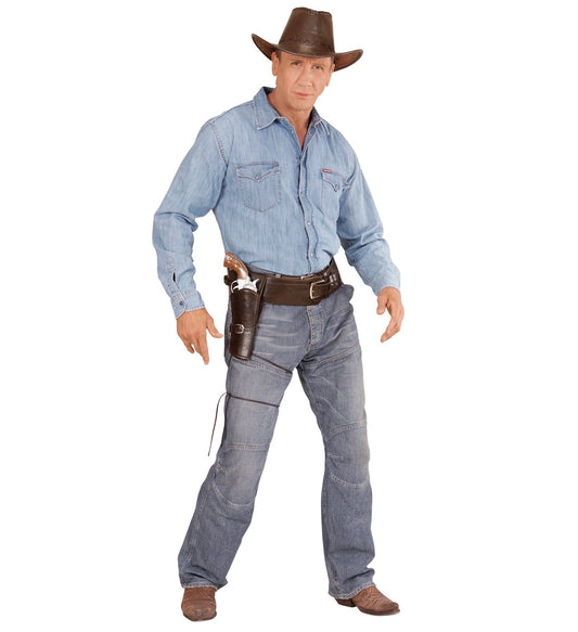 Man wearing a brown faux leather revolver holster with single pistol holder on belt.