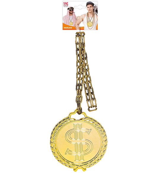 Goldene Hip-Hop-Halskette mit großem Dollar-Medaillon, 58 cm lang.