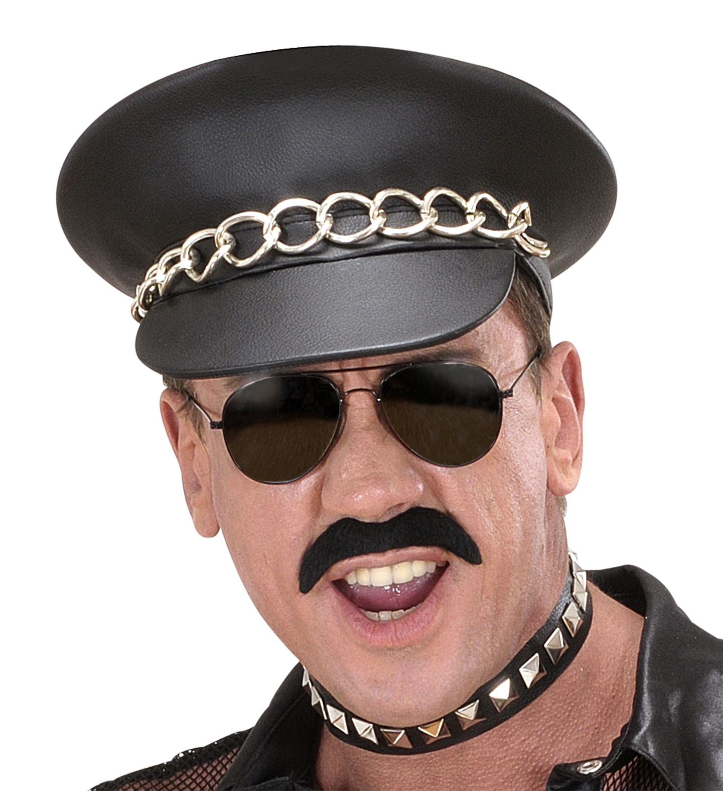 Black faux leather rocker cap with silver chain detail on the brim.