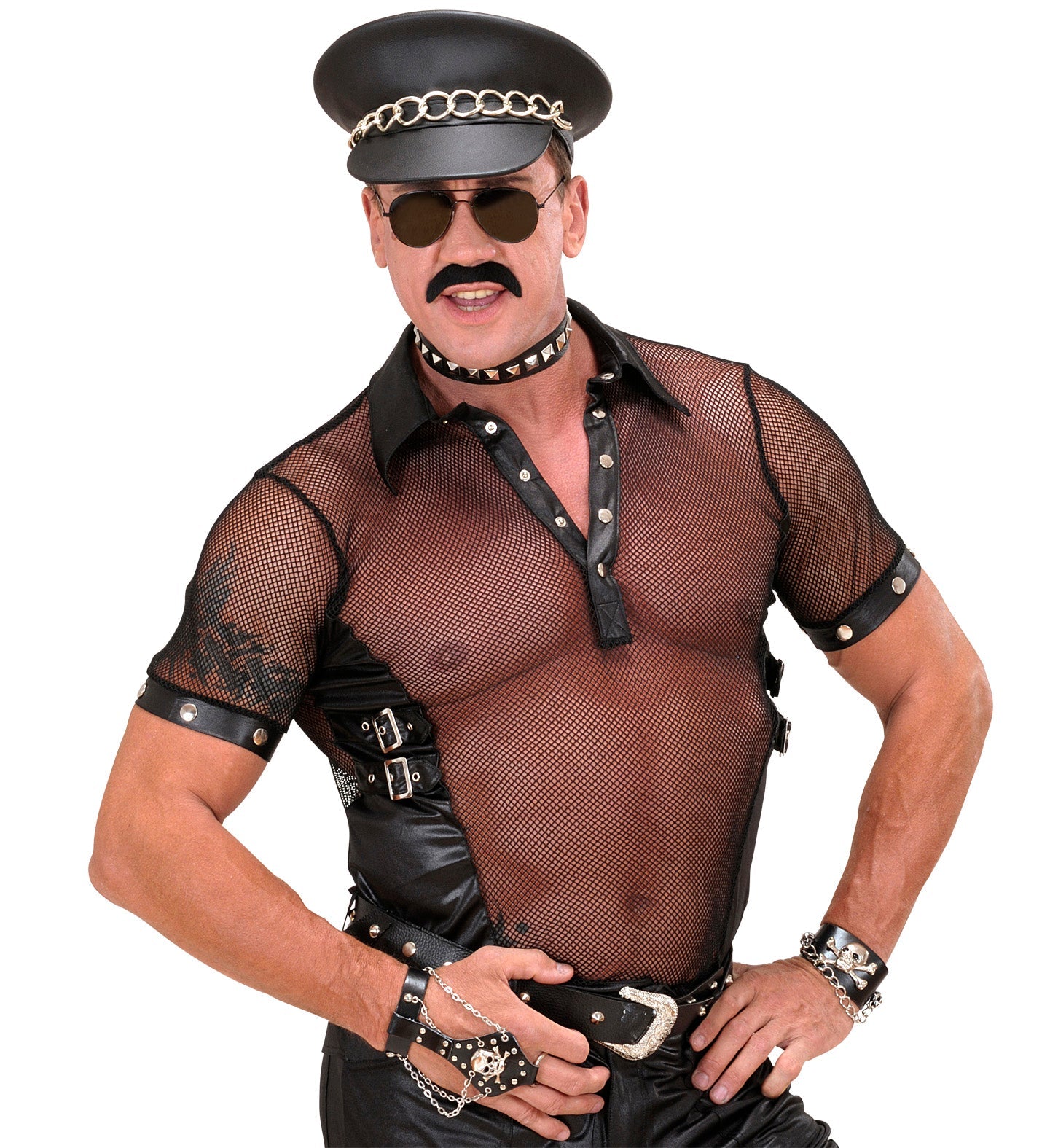 Black faux leather rocker cap with chain detail on brim.