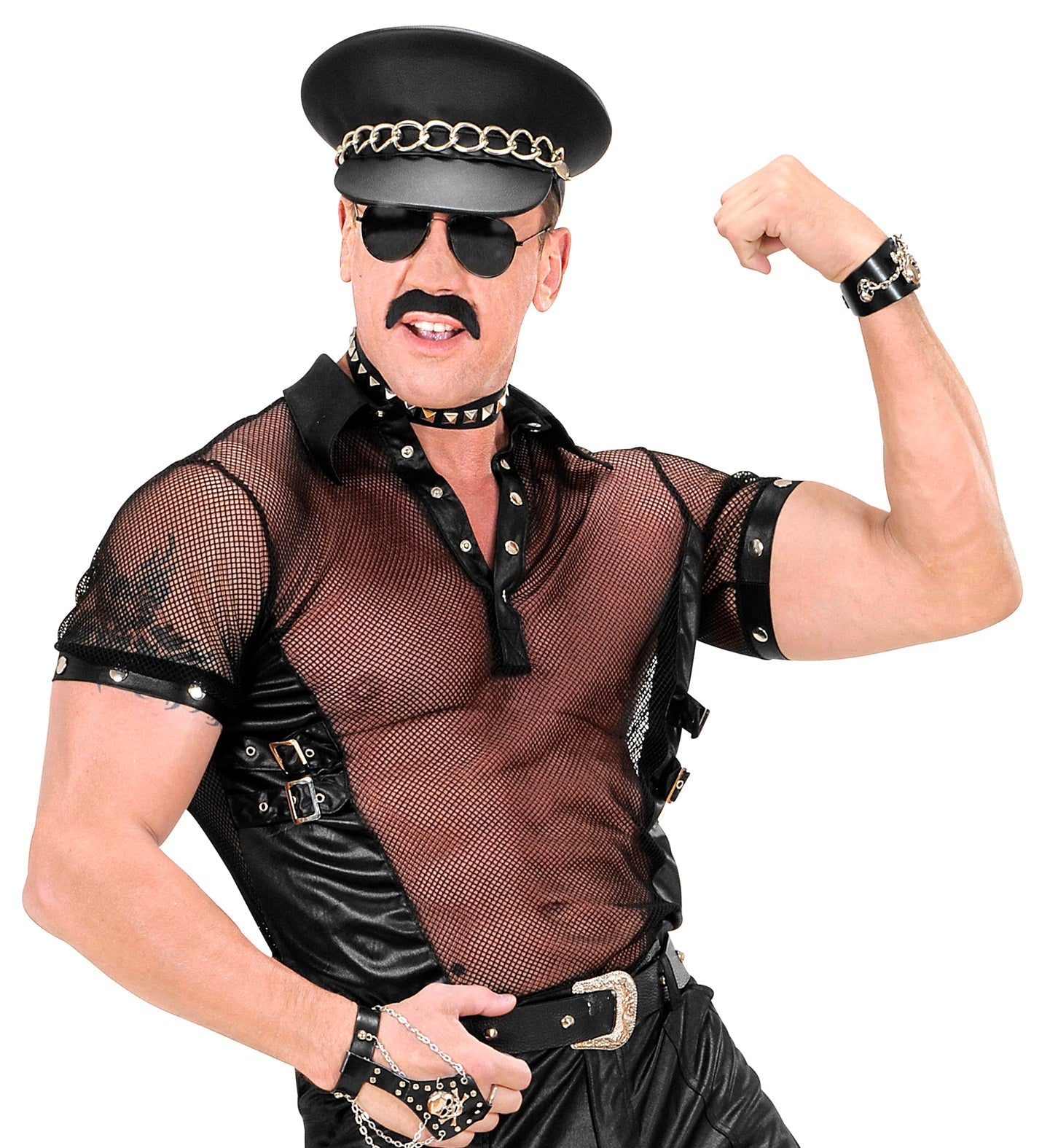 Black slim-fit rocker t-shirt with faux leather front and sheer mesh sleeves.