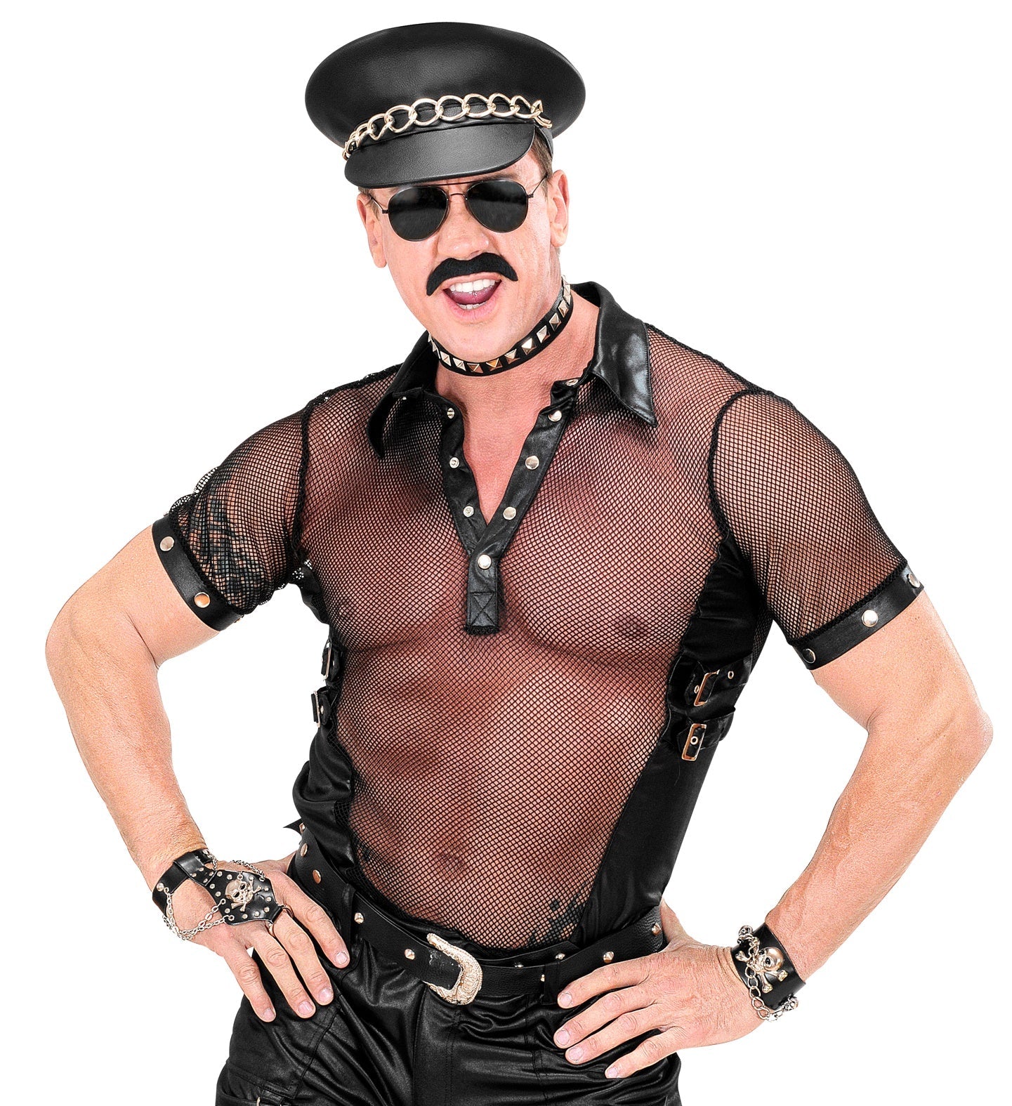 Black slim-fit rocker t-shirt with faux leather front and mesh sleeves.