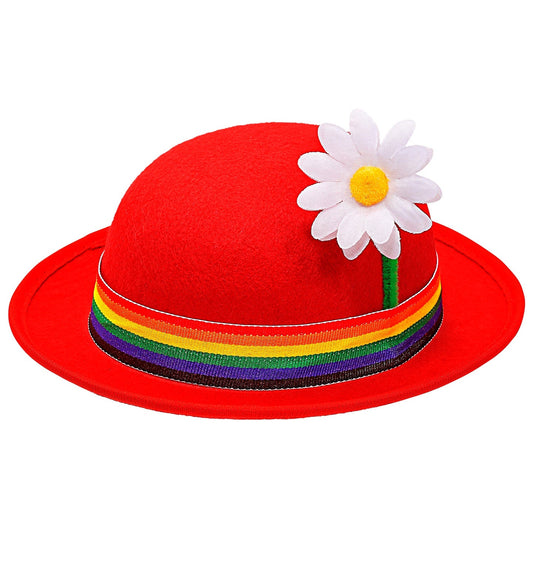Roter Clown Bowler-Hut aus Filz mit Regenbogenband und aufgenähter Blume.
