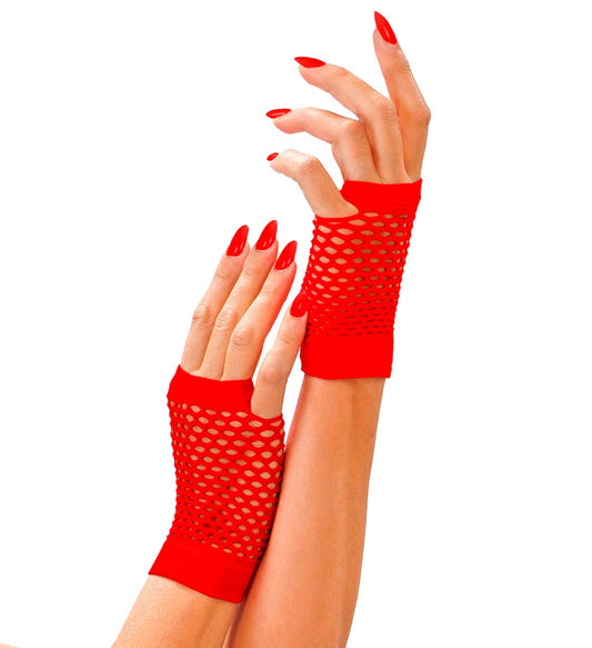 Rote, fingerlose kurze Netzhandschuhe aus Netzstoff für Festival- und Cosplay-Looks