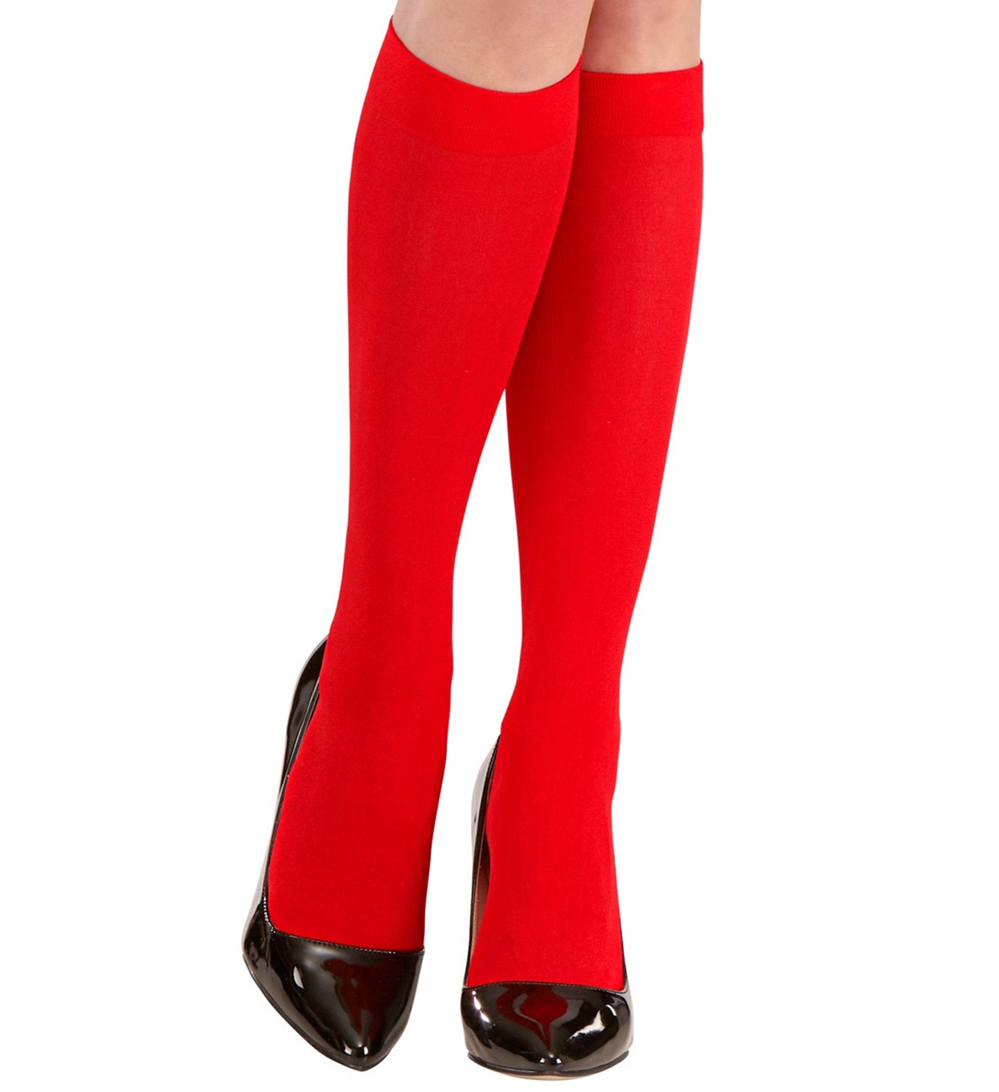 Rote Kniestrümpfe aus elastischem Material, 70 DEN, ideal für verschiedene Schuhe.