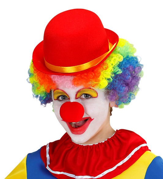 Rote Filz Clown Melone für Kinder, runder Hut mit elastischem Band für sicheren Sitz.