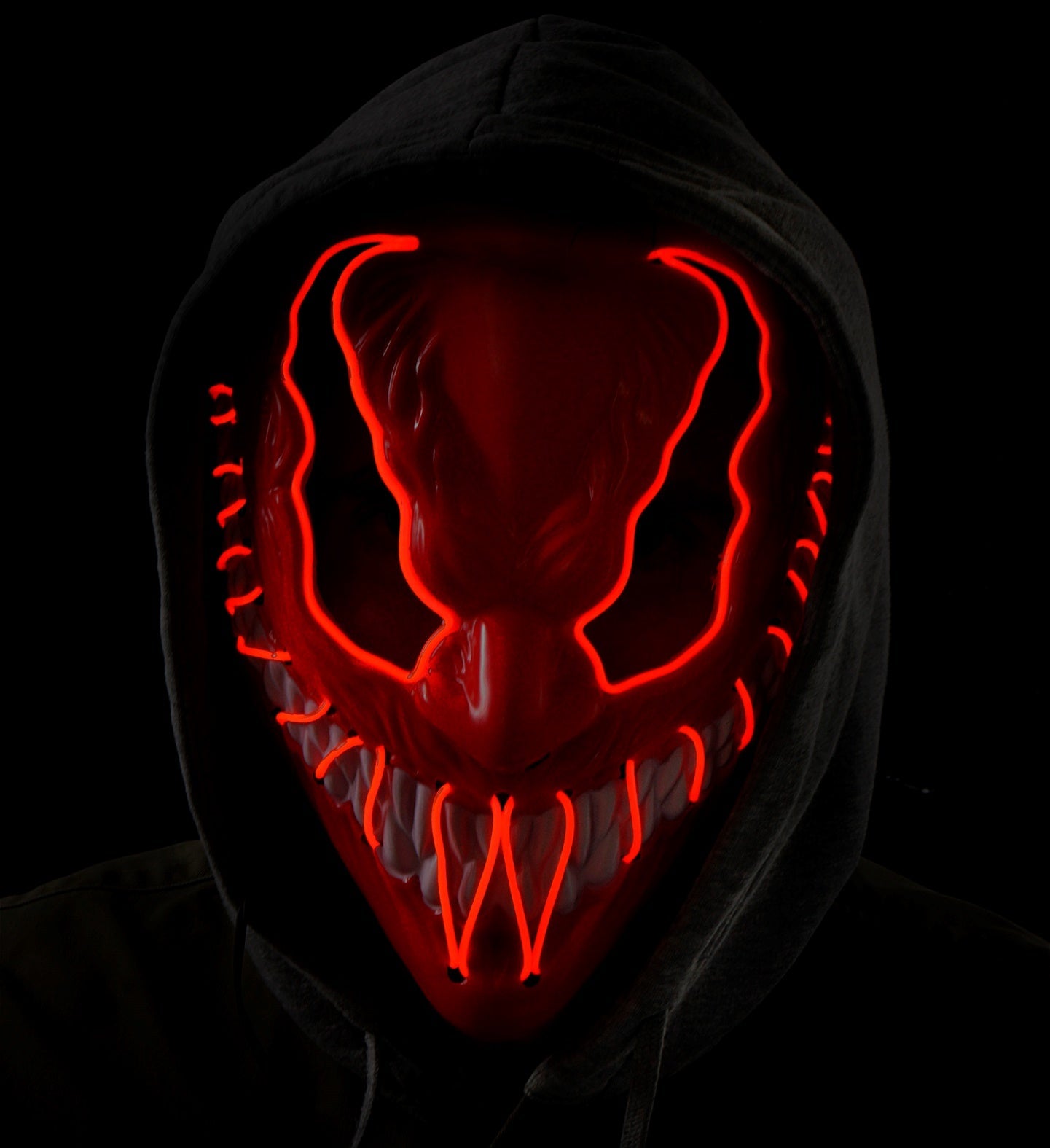 Rote LED-Monstermaske für Erwachsene, leuchtet im Dunkeln, aus atmungsaktivem Material.