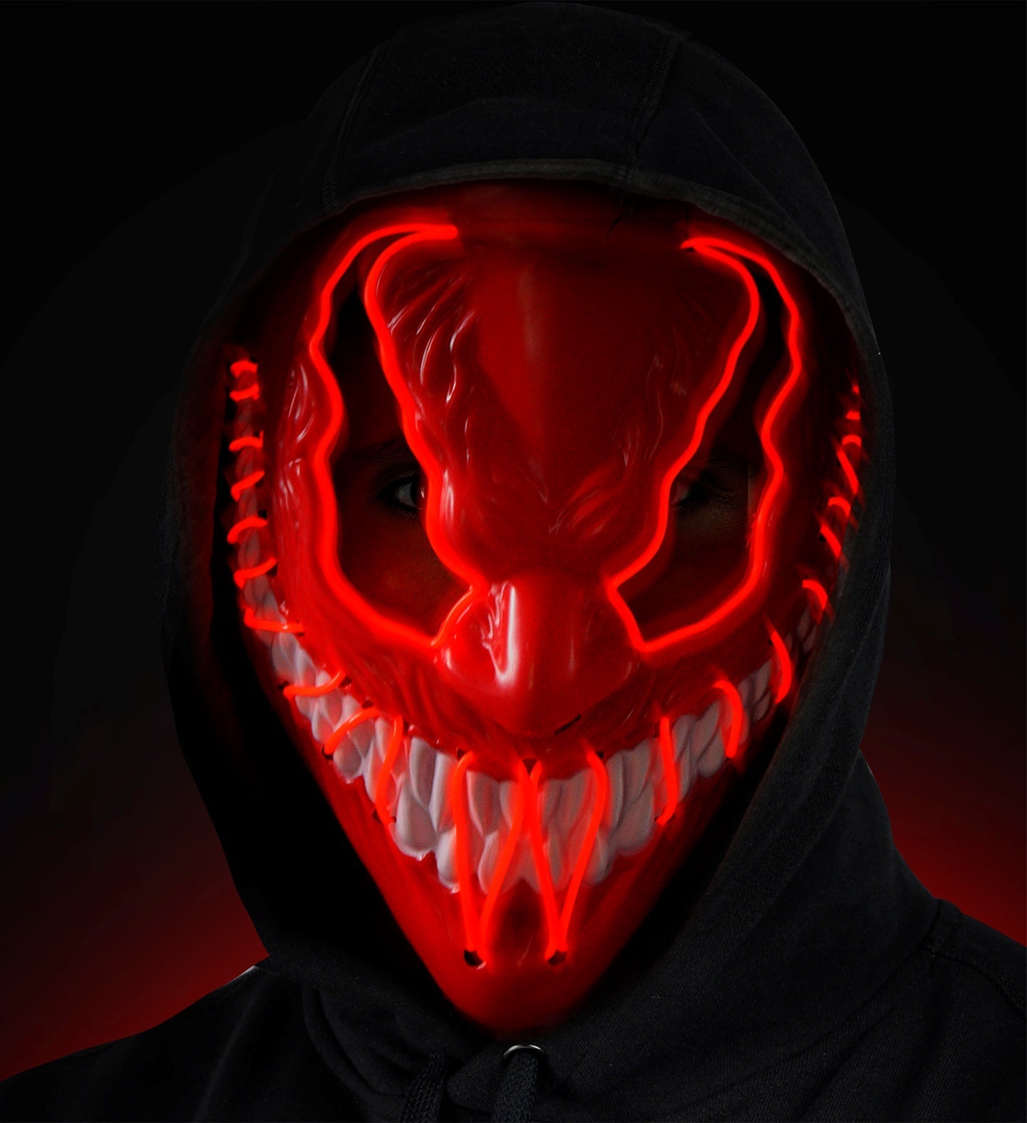 Rote LED-Monstermaske für Erwachsene, leuchtet im Dunkeln, aus leichtem Kunststoff.