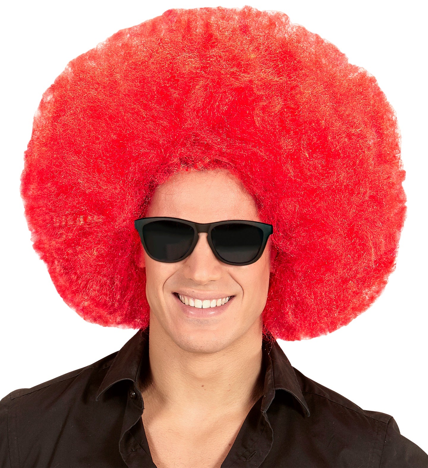 Rote Riesen Afro Perücke mit voluminösem, lockigem Haar für Erwachsene in leuchtendem Rot.