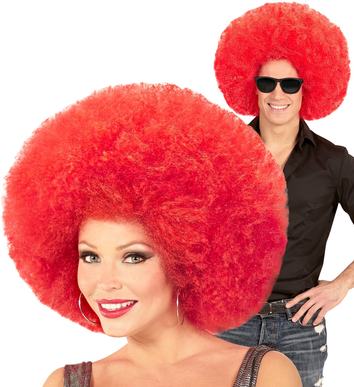 Rote Riesen Afro Perücke in lebhaftem Rot, ideal für Clown- und Themenkostüme.