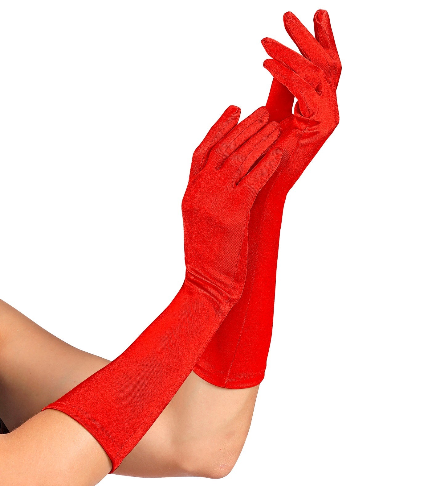 Red satin opera gloves, 40cm long, made of stretch elastane.