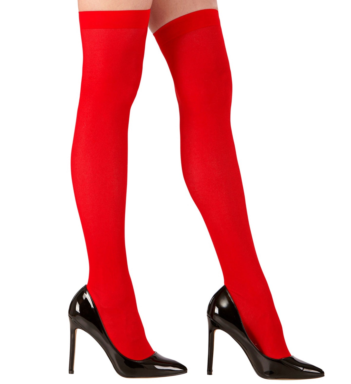 Rote Overknee Strümpfe aus Mikrofaser mit verstärkten Bündchen und glänzender Oberfläche.
