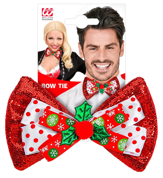 Rote Weihnachtsfliege aus Polyester mit weißen Weihnachtsmotiven und verstellbarem Band