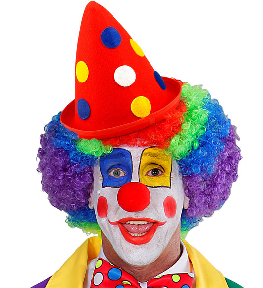 Kegelförmiger roter Clownhut aus Filz mit bunten Punkten für Faschingsfeiern.