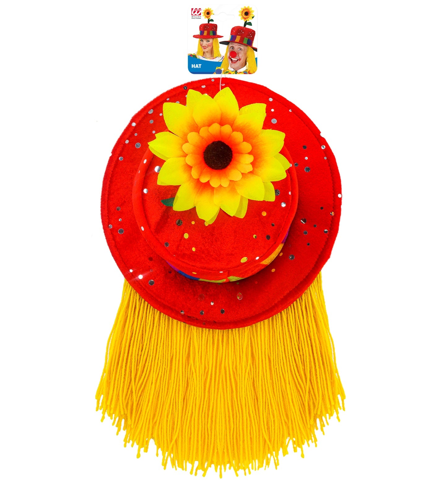 Roter Clownhut mit wilden Haaren und gelber Sonnenblume als lustiges Kostümaccessoire