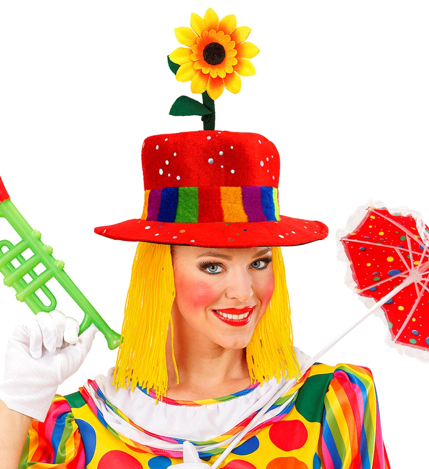 Roter Clownhut mit wilden Haaren und gelber Sonnenblume als lustiges Kostümaccessoire