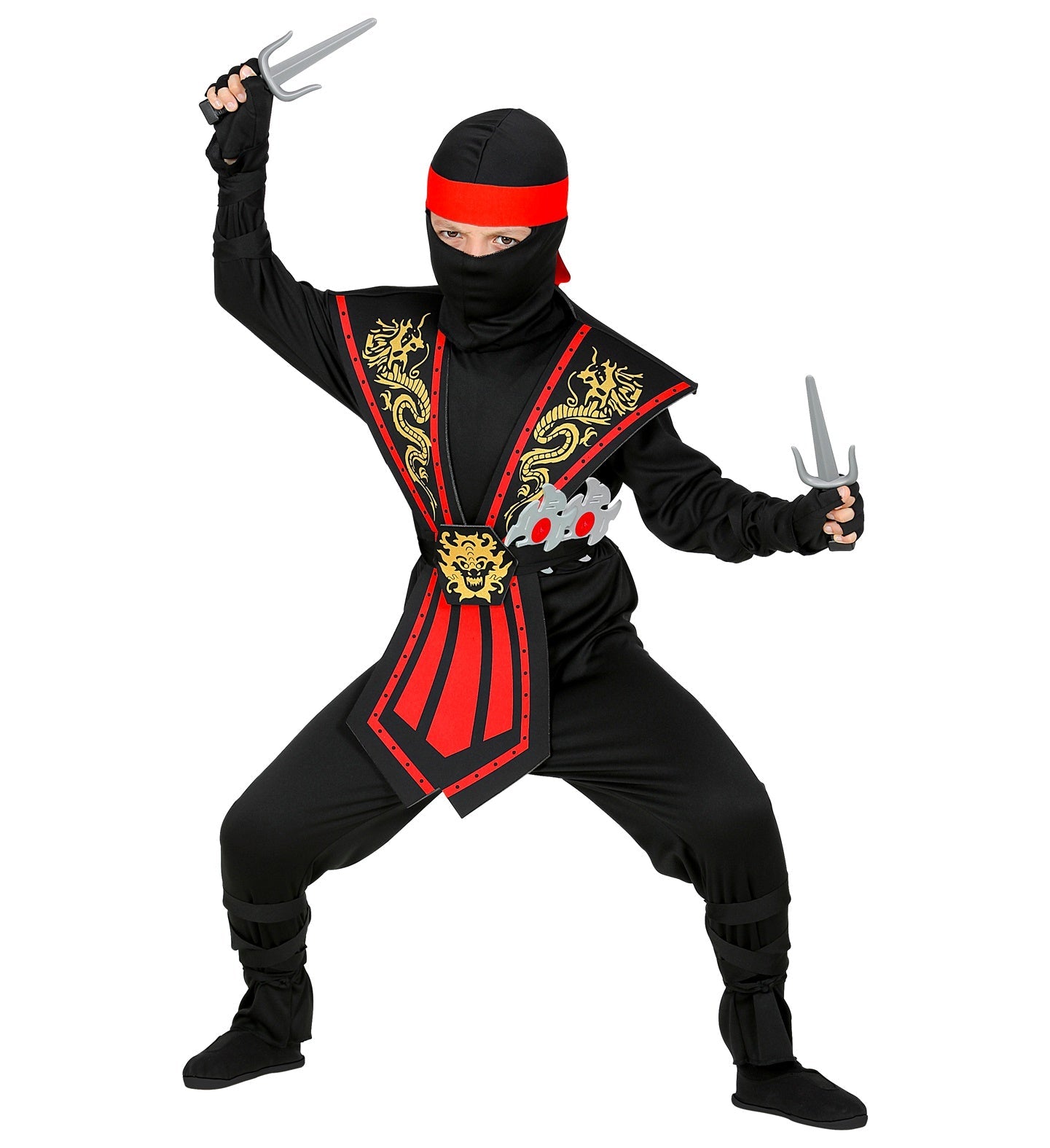 Kinderninja-Kostüm in Rot mit schwarzem Overall, Maske, Waffen und Zubehör.