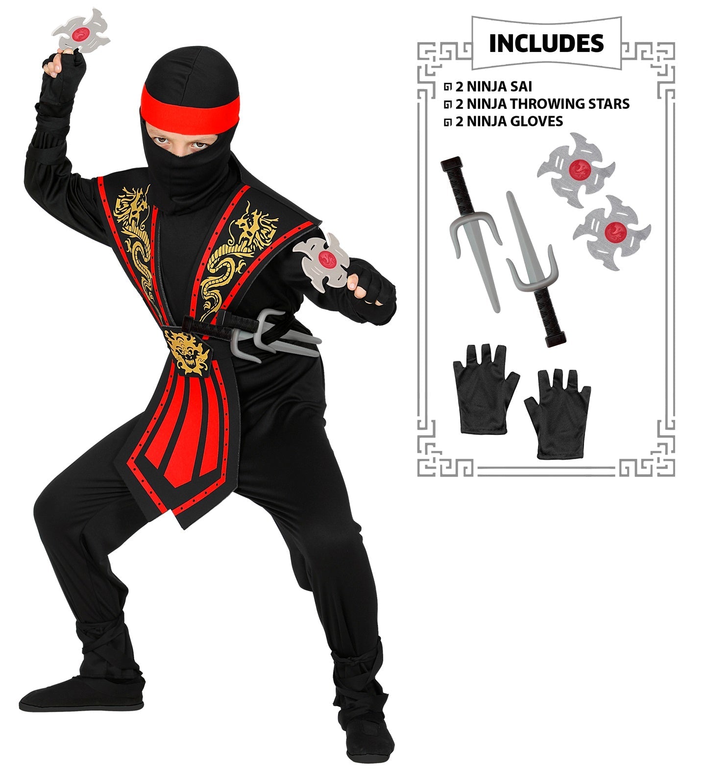 Rotes Ninja-Kinderkostüm mit Maske, Dolchen, Wurfsternen und Handschuhen.