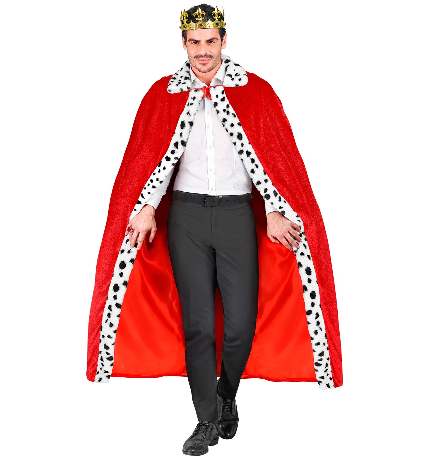 Rotes Königsumhang aus Satin mit verstärktem Kragen und verdecktem Verschluss, 140 cm lang.