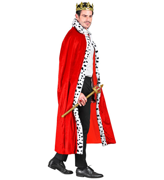 Roter Königsmantel aus Satin, 140 cm lang, mit verstärktem Kragen und verstecktem Verschluss.