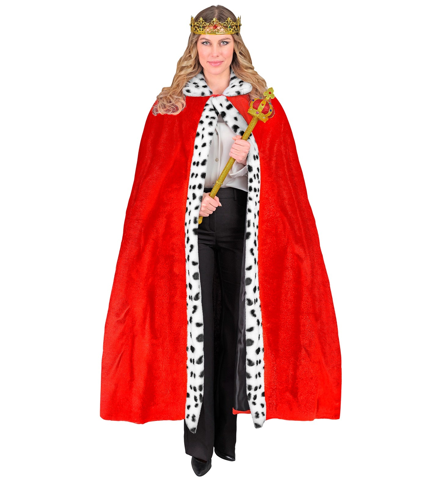 Roter Königsmantel aus satinähnlichem Polyester, 140 cm lang, mit verstärktem Kragen.