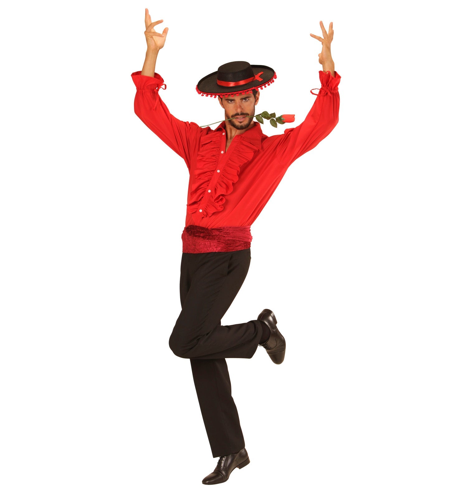 Man in red ruffled shirt with pirate flair, arms raised in dramatic pose.