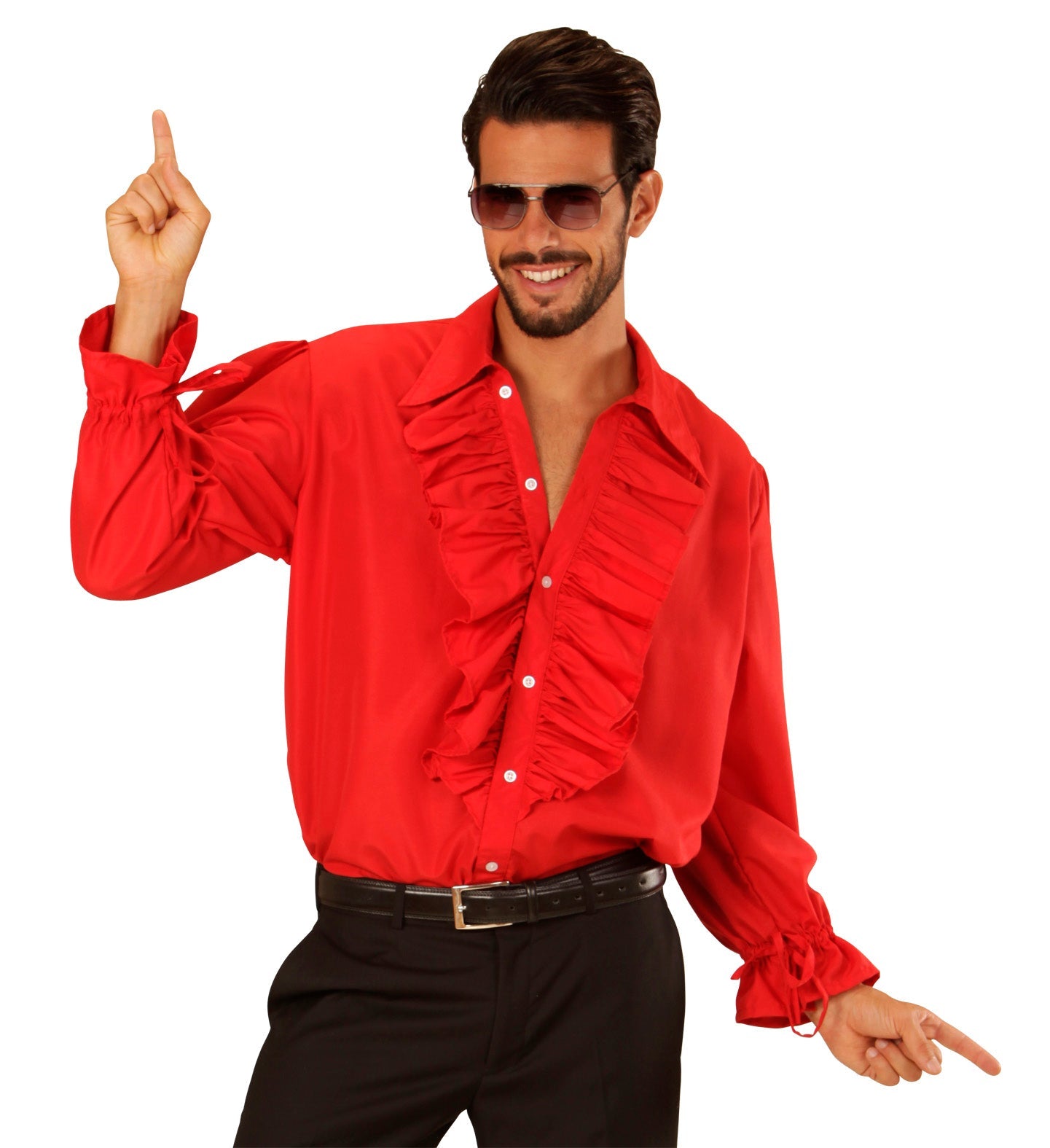 Man in red ruffle pirate shirt with frilled collar and cuffs, posing dynamically.