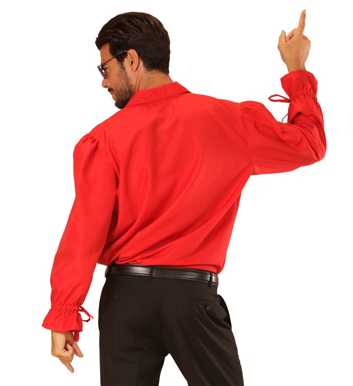 Rear view of man in red ruffle-sleeved pirate shirt and black pants, pointing upward.