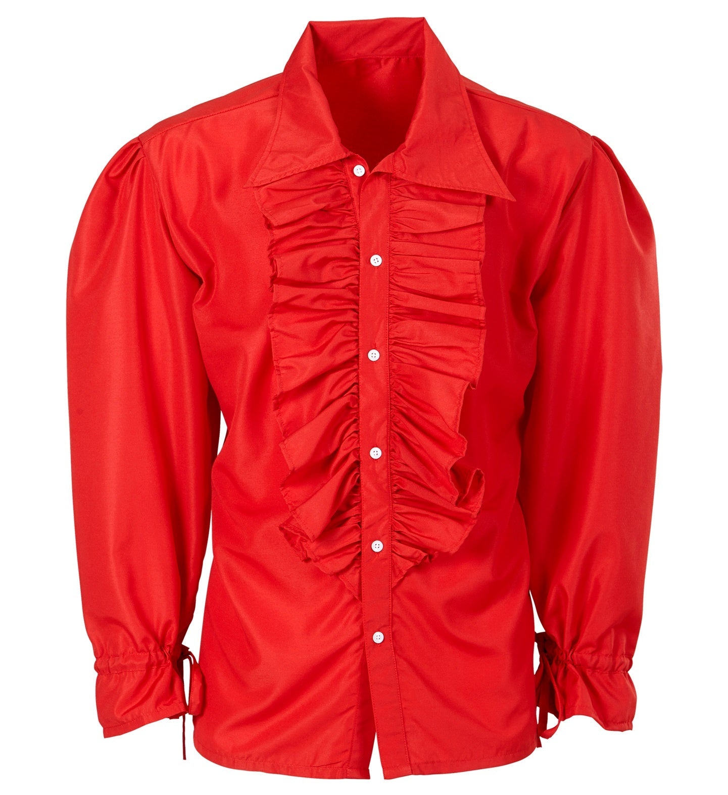 Red ruffle pirate shirt for men with puffed sleeves and frilled collar.