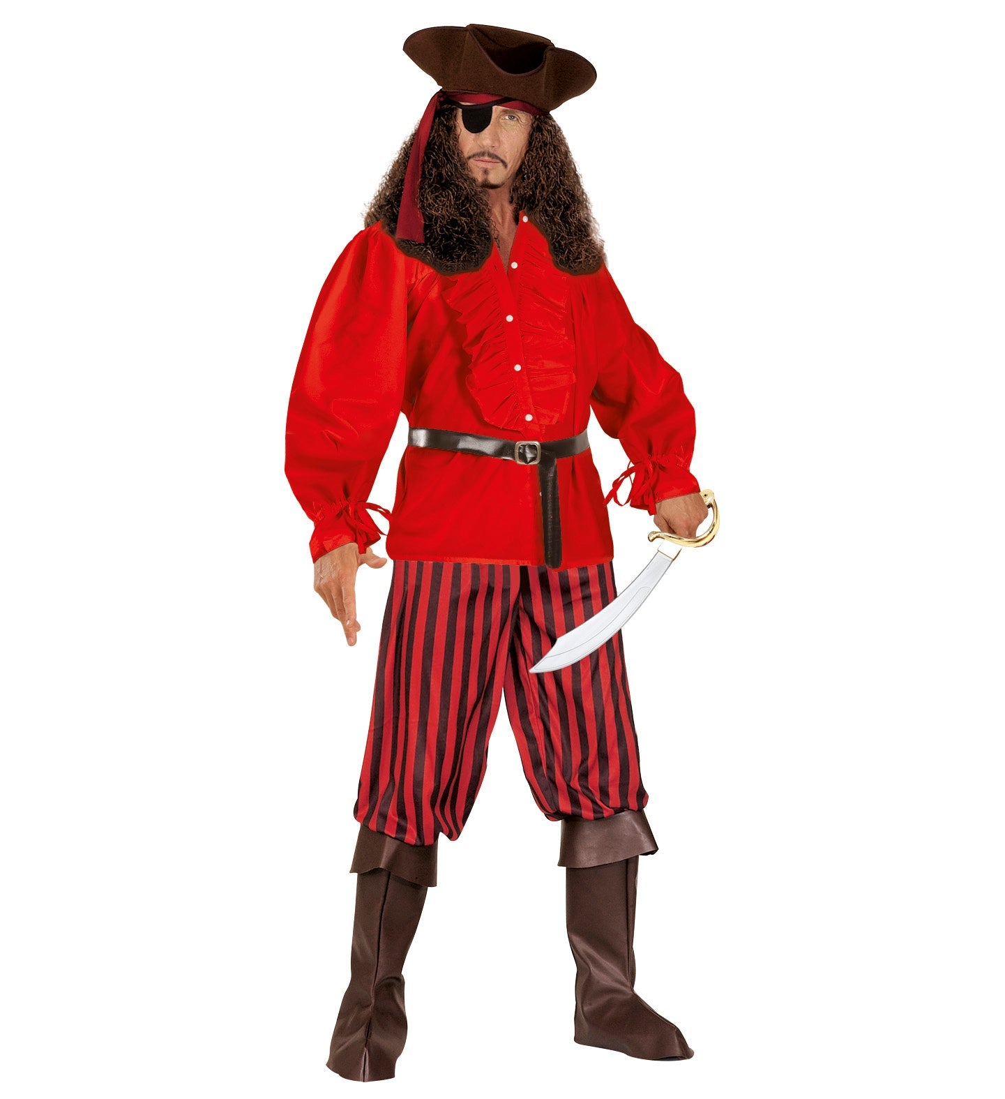Men's red ruffle pirate shirt with puffed sleeves and button front for Renaissance costumes.