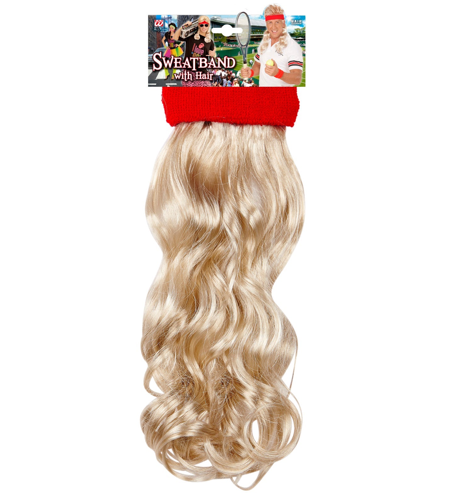 Red headband with attached blonde curly wig for instant volume.