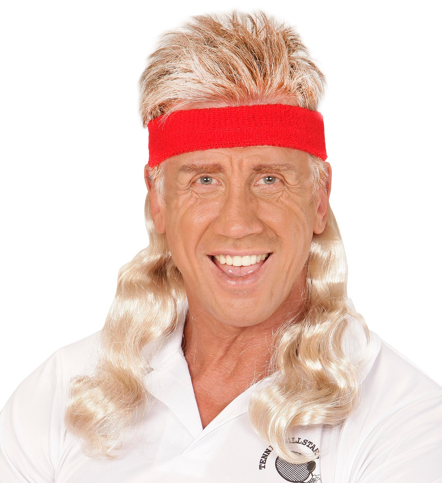 Red headband with blonde curly hair wig for instant volume.