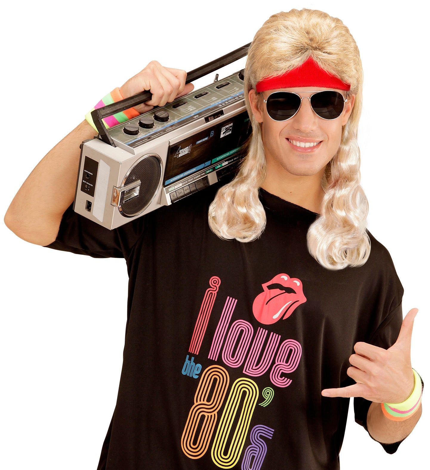 Red headband with blonde curly hair wig for instant volume.