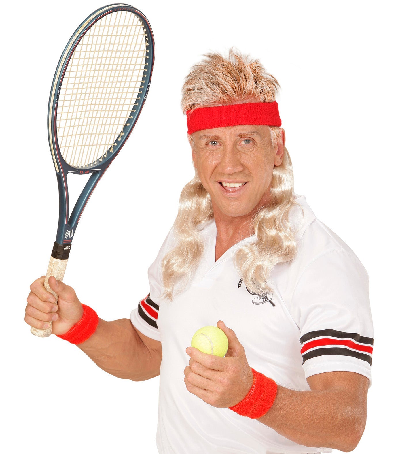 Red headband with blonde curly hair wig for instant volume.