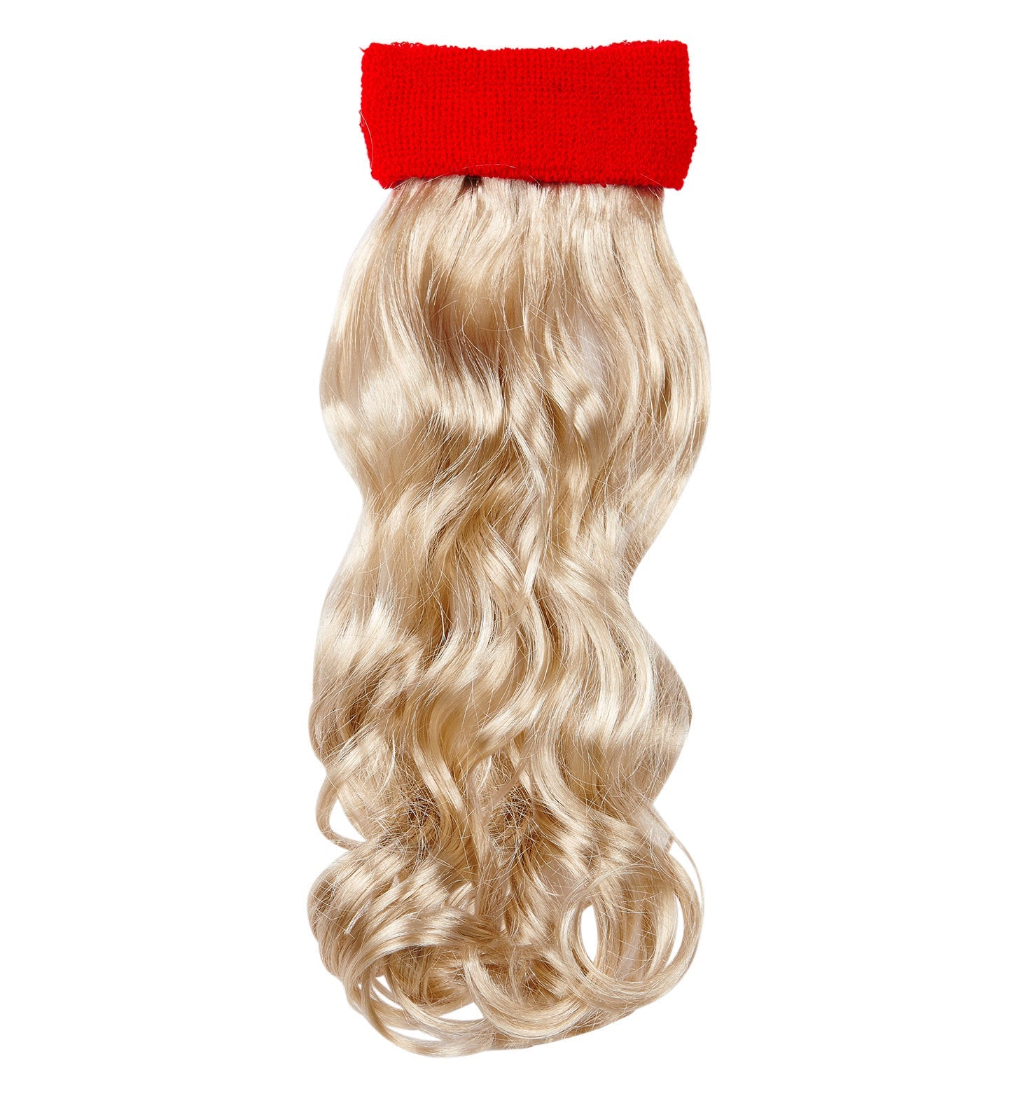 Red headband with attached long blonde curly hair wig for instant volume.