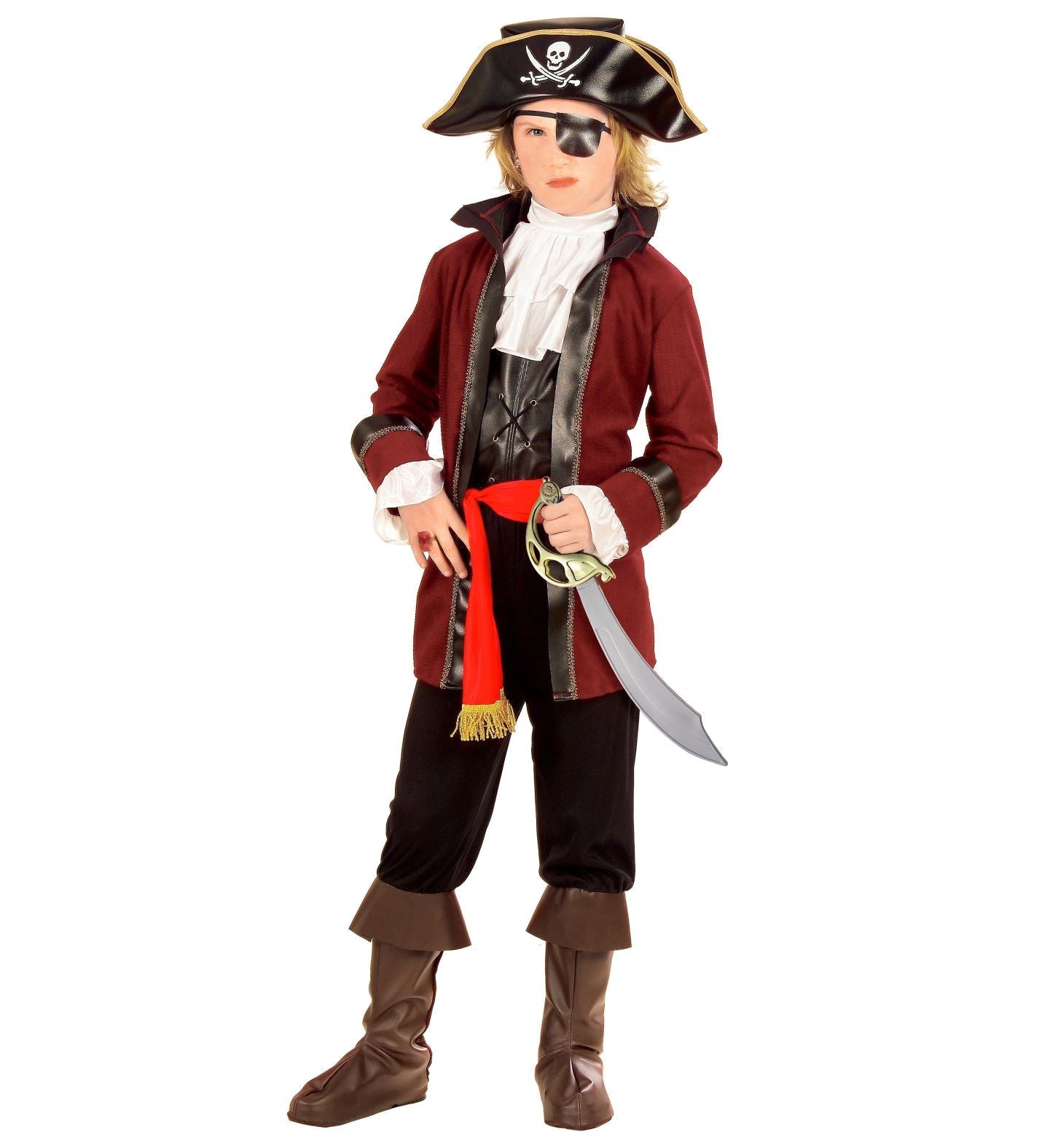 Piratenkostüm für Jungen mit Mantel, Hose, Hut und Augenklappe in bunten Farben.