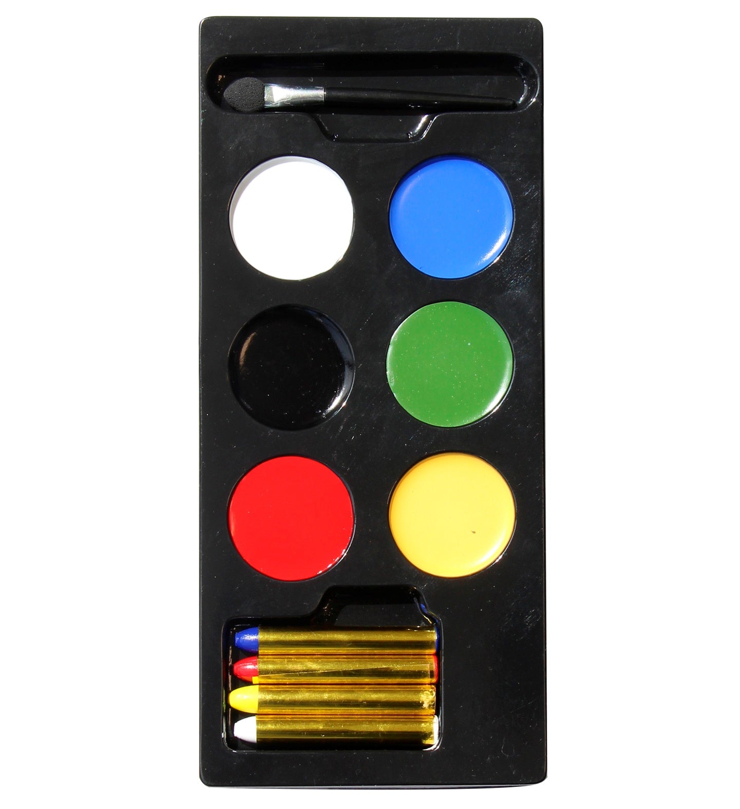 Widmann Aqua Schmink Palette mit 6 Farben, 4 Stiften und Pinselset in verschiedenen Farben.