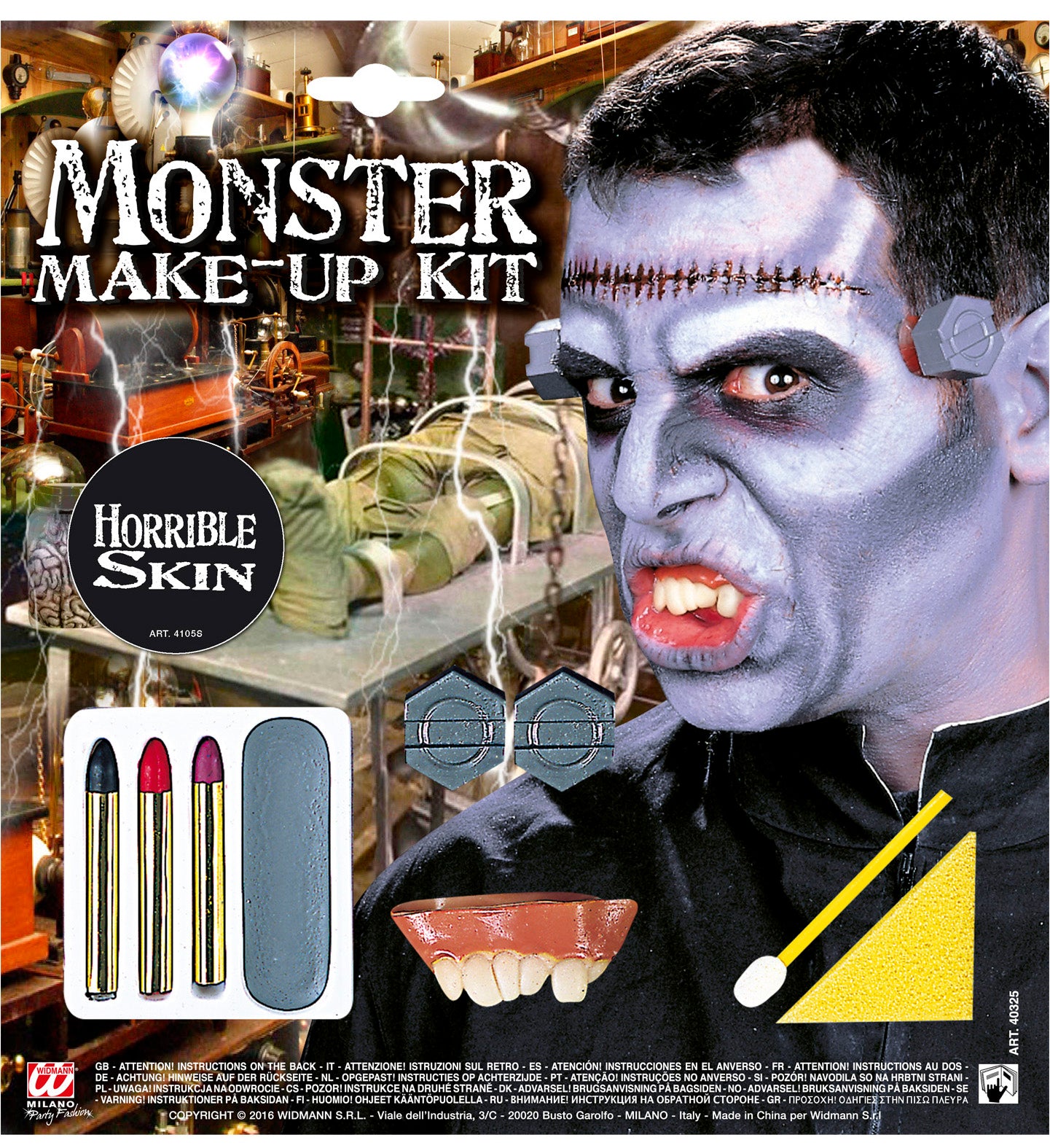 Widmann Monster Schminkset mit bunten Farben, Schwämmen und Applikatoren für Halloween.
