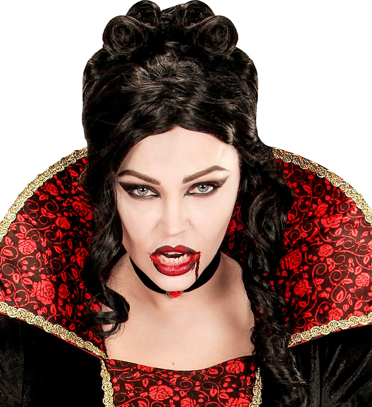 Widmann Vampir-Make-up-Set mit Zähnen, Blutsirup und drei Farben in einer Sargbox.