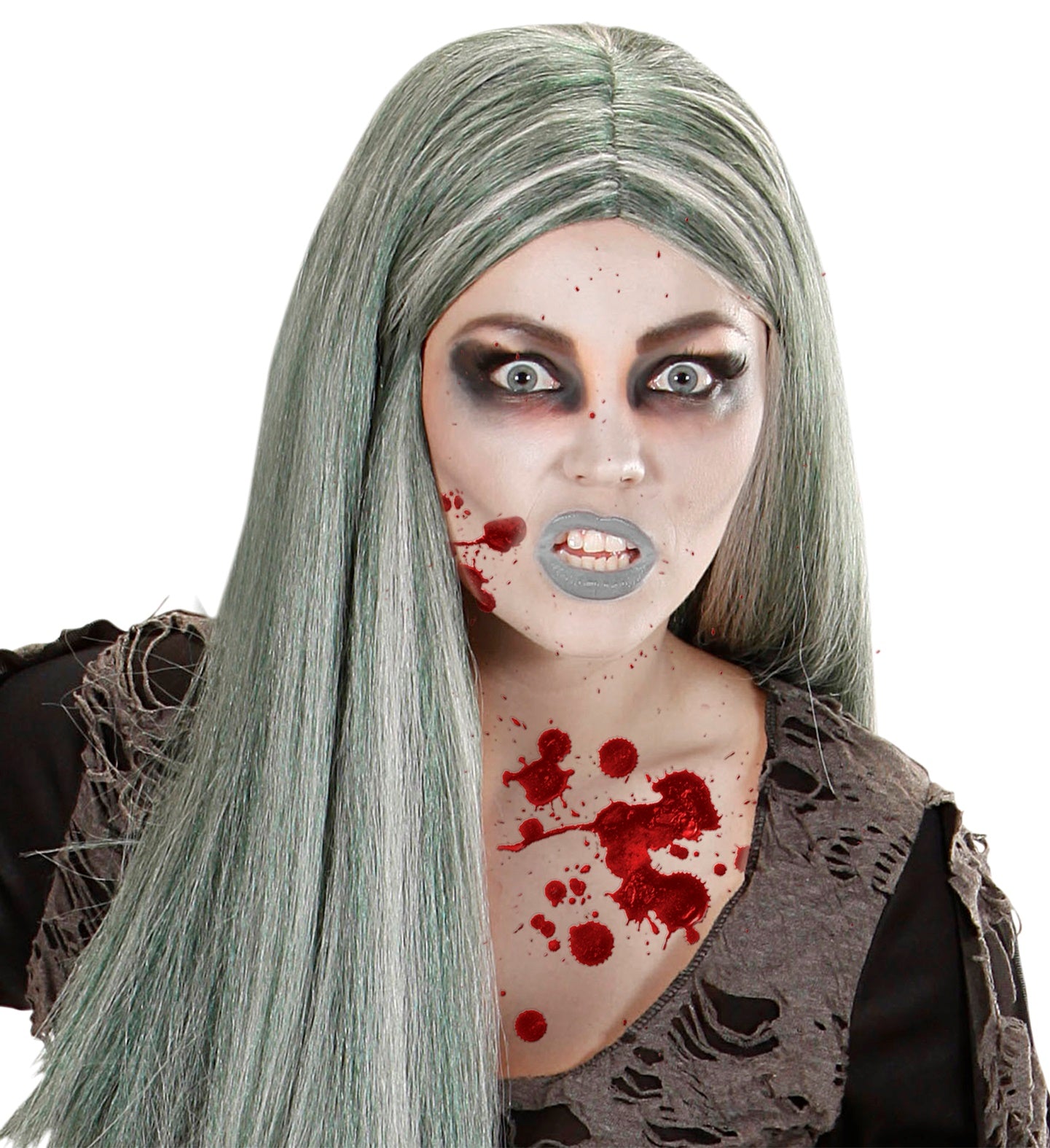 Widmann Zombie Make-Up Kit mit flüssigem Latexblut, Eyeliner und Schwämmchen in Schwarz und Grau.