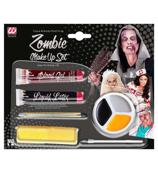 Widmann Zombie Make-Up Kit mit flüssigem Latexblut, Eyeliner und Schwämmen in verschiedenen Farben.