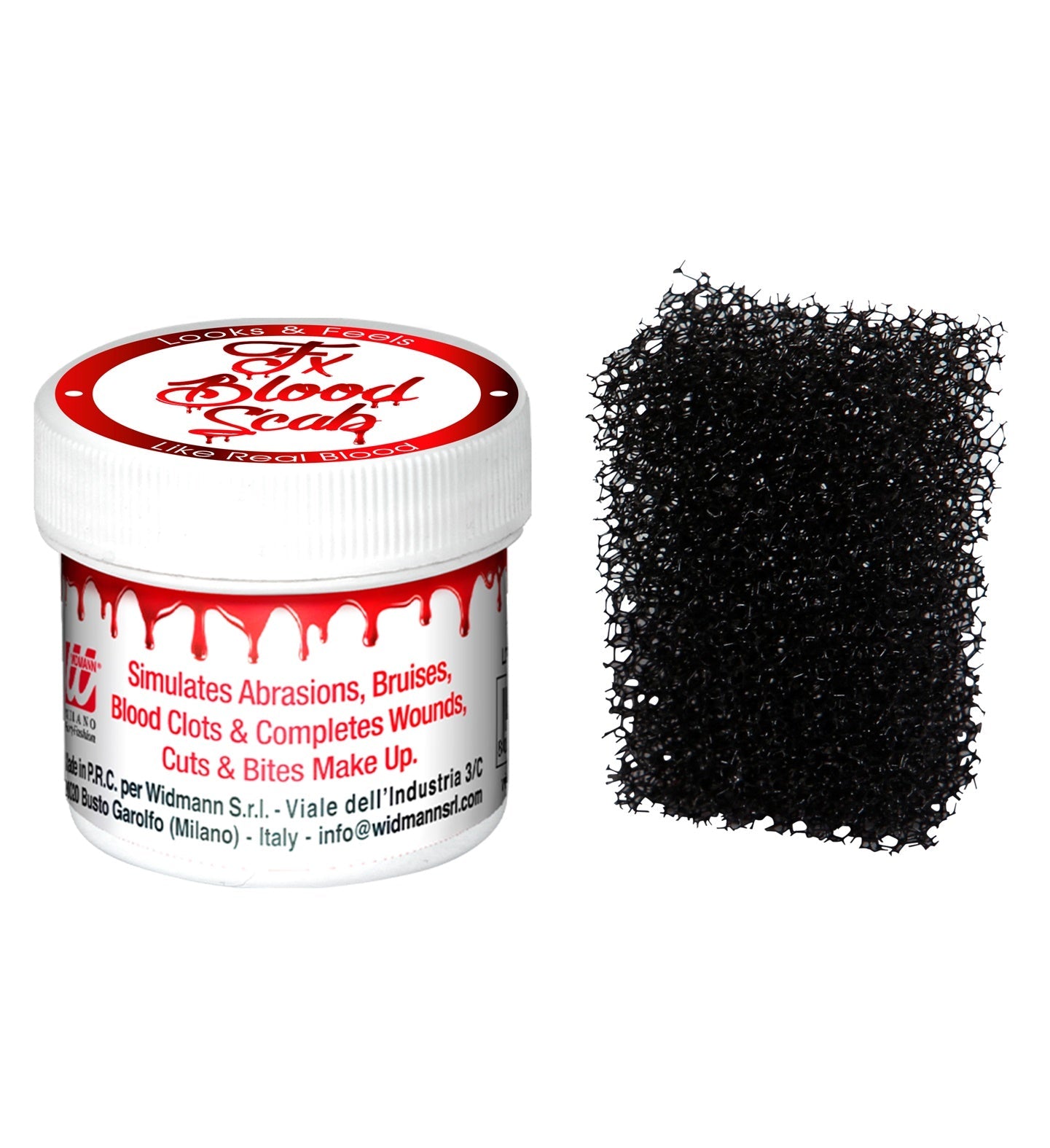 Realistisches Schürfblut in einer kompakten Dose mit Schwamm zum einfachen Entfernen.